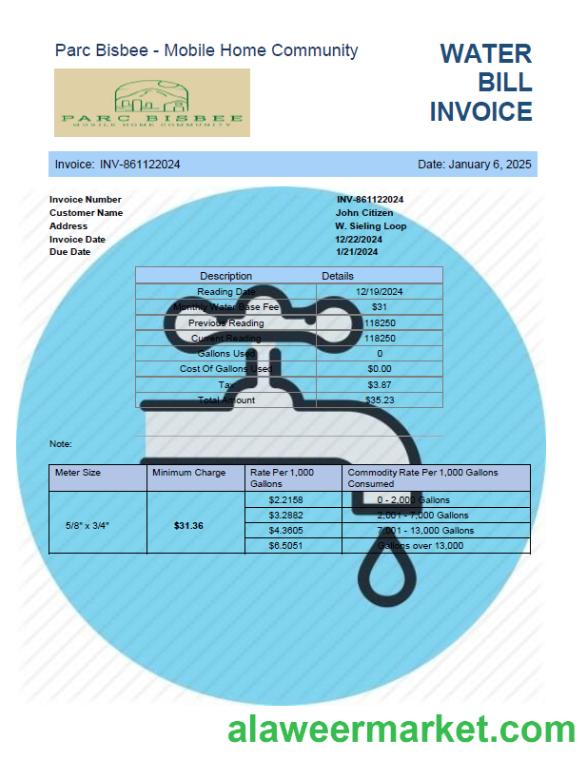 USA Parc Bisbee utility bill template in Word and PDF formats